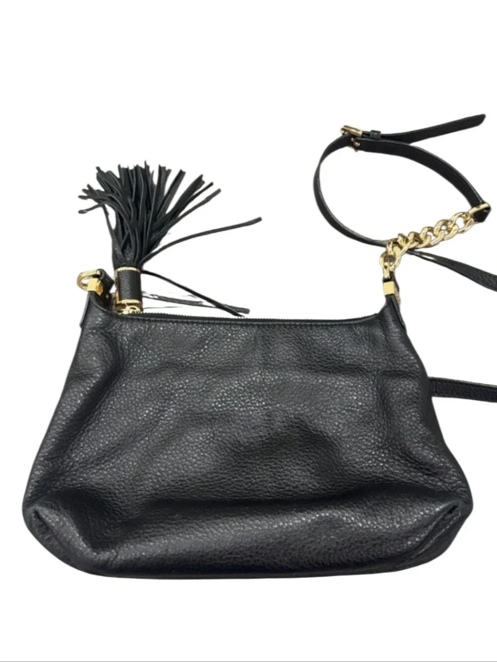 Michael Kors Black Pebbled Leather Shoulder Bag with Gold Chain and Tassel